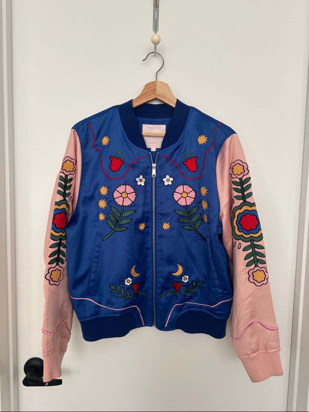 ban.do Embroidered Floral Bomber Jacket in Blue & Pink